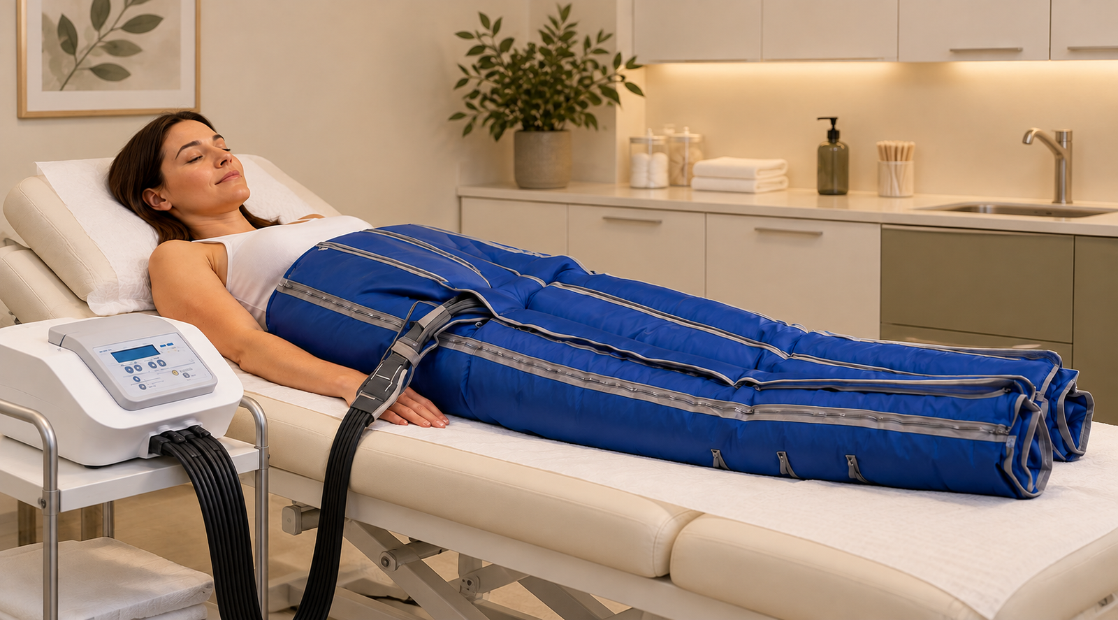 Illustration of Lympha Press treatment with blue PCD Pants in a clinic treatment room