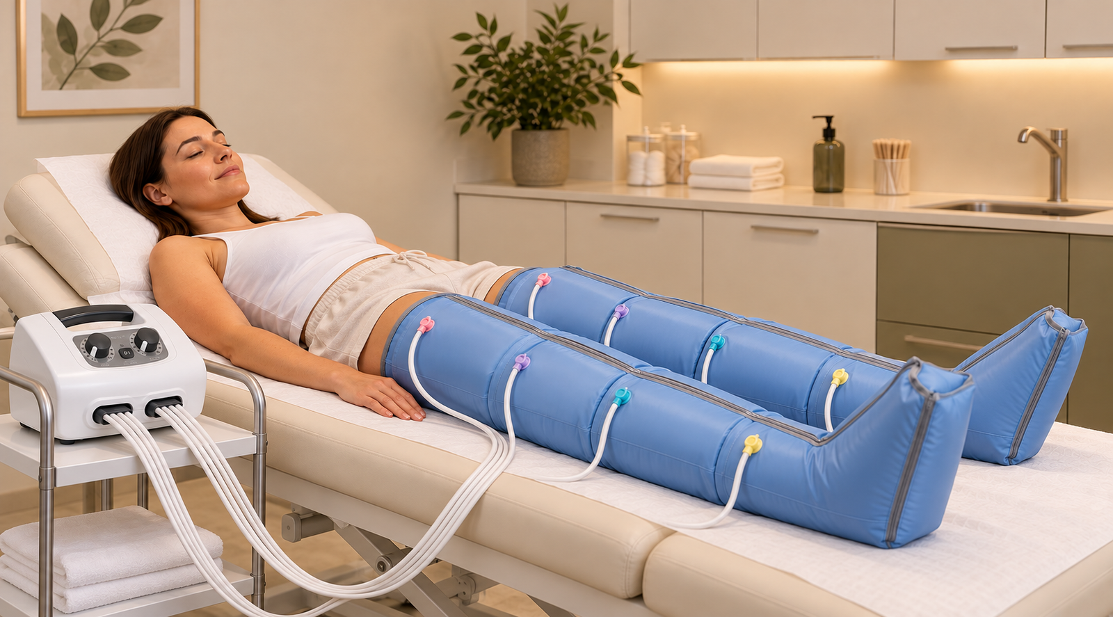 Illustration of Lympha Press PCD51 treatment with separate light blue leg sleeves in a clinic